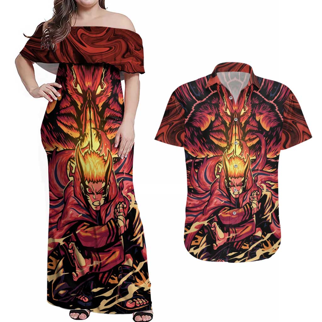 Trippy Naruto Baryon Mode Boruto Couples Matching Off Shoulder Maxi Dress and Hawaiian Shirt Anime Style