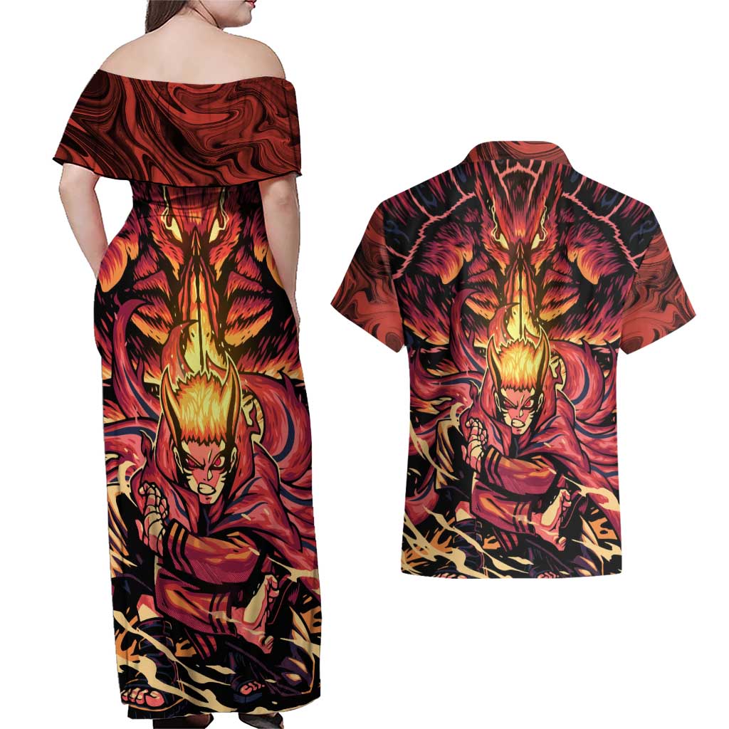 Trippy Naruto Baryon Mode Boruto Couples Matching Off Shoulder Maxi Dress and Hawaiian Shirt Anime Style