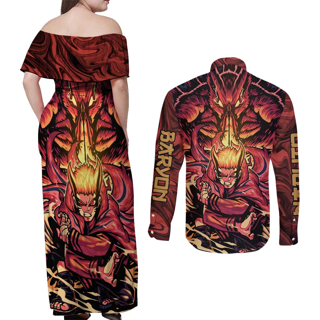 Trippy Naruto Baryon Mode Boruto Couples Matching Off Shoulder Maxi Dress and Long Sleeve Button Shirt Anime Style