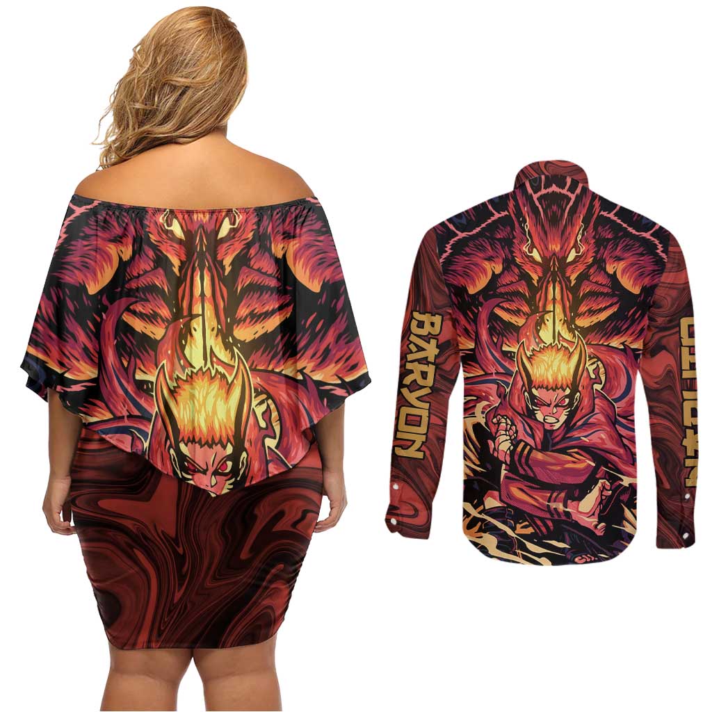 Trippy Naruto Baryon Mode Boruto Couples Matching Off Shoulder Short Dress and Long Sleeve Button Shirt Anime Style