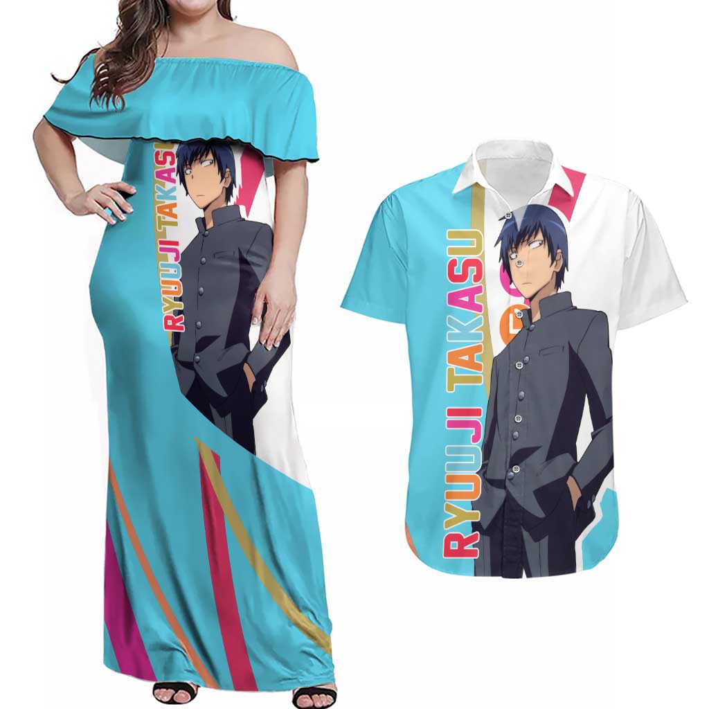 Ryuuji Takasu - Toradora Couples Matching Off Shoulder Maxi Dress and Hawaiian Shirt Anime Style