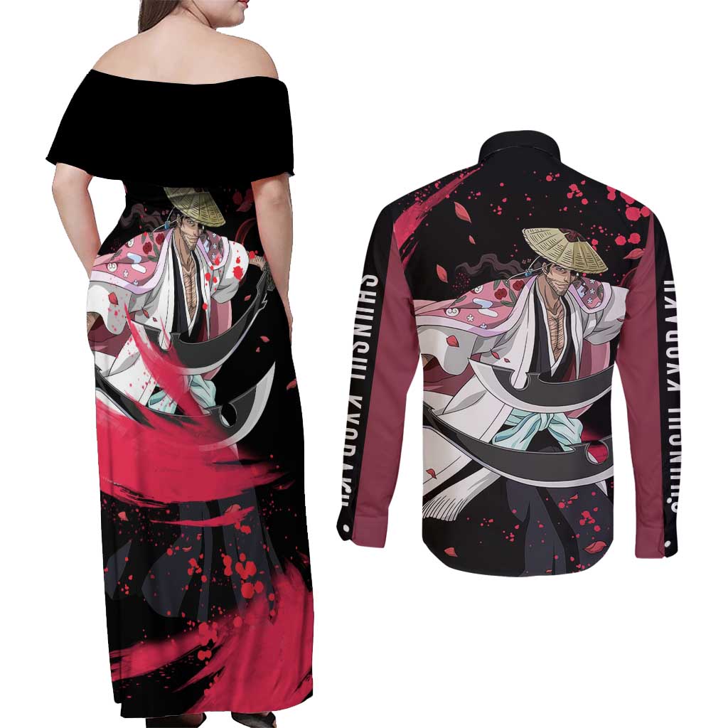 Shunsui Kyoraku - Bleach Couples Matching Off Shoulder Maxi Dress and Long Sleeve Button Shirt Anime Style