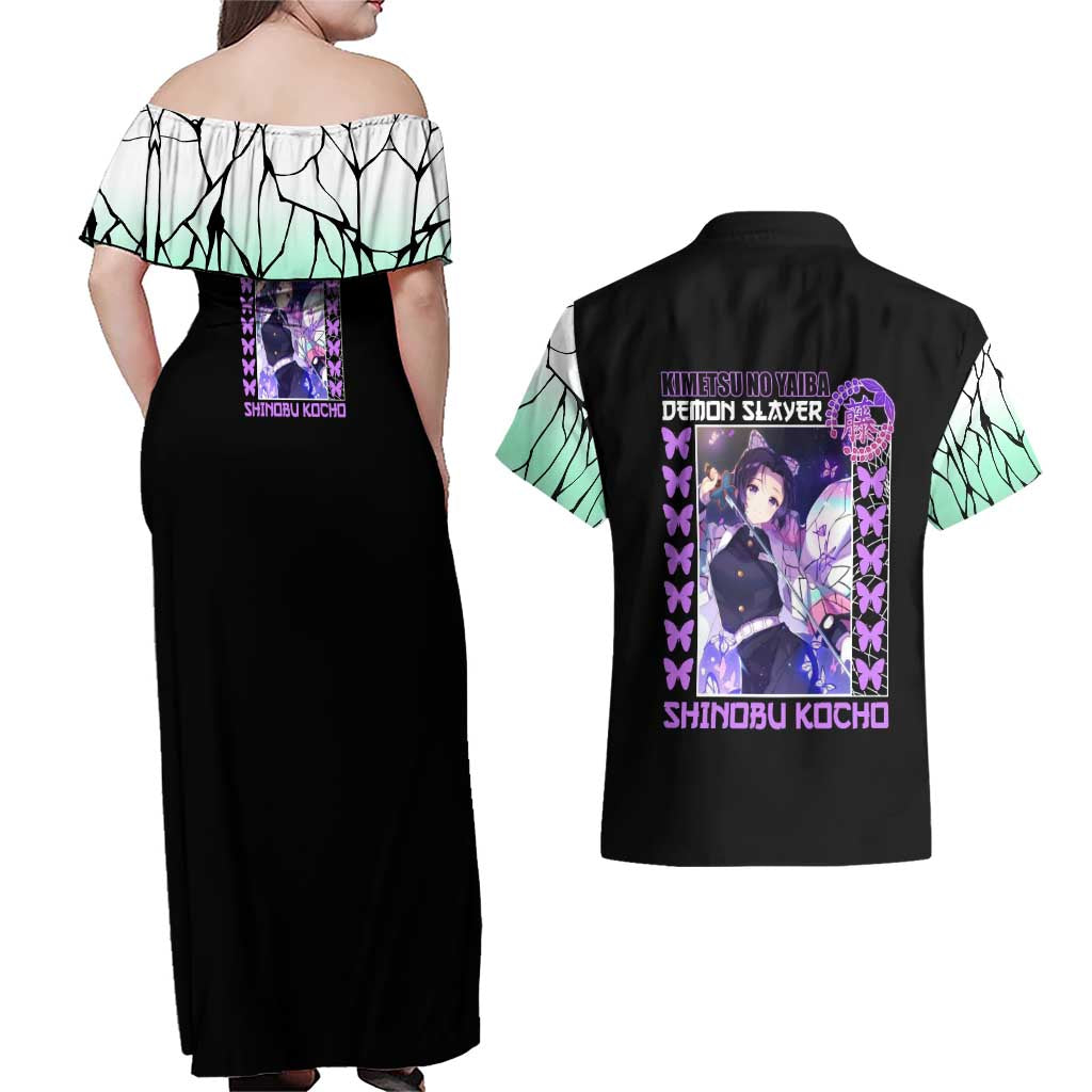 Kocho Shinobu Demon Slayer Couples Matching Off Shoulder Maxi Dress and Hawaiian Shirt Anime Style
