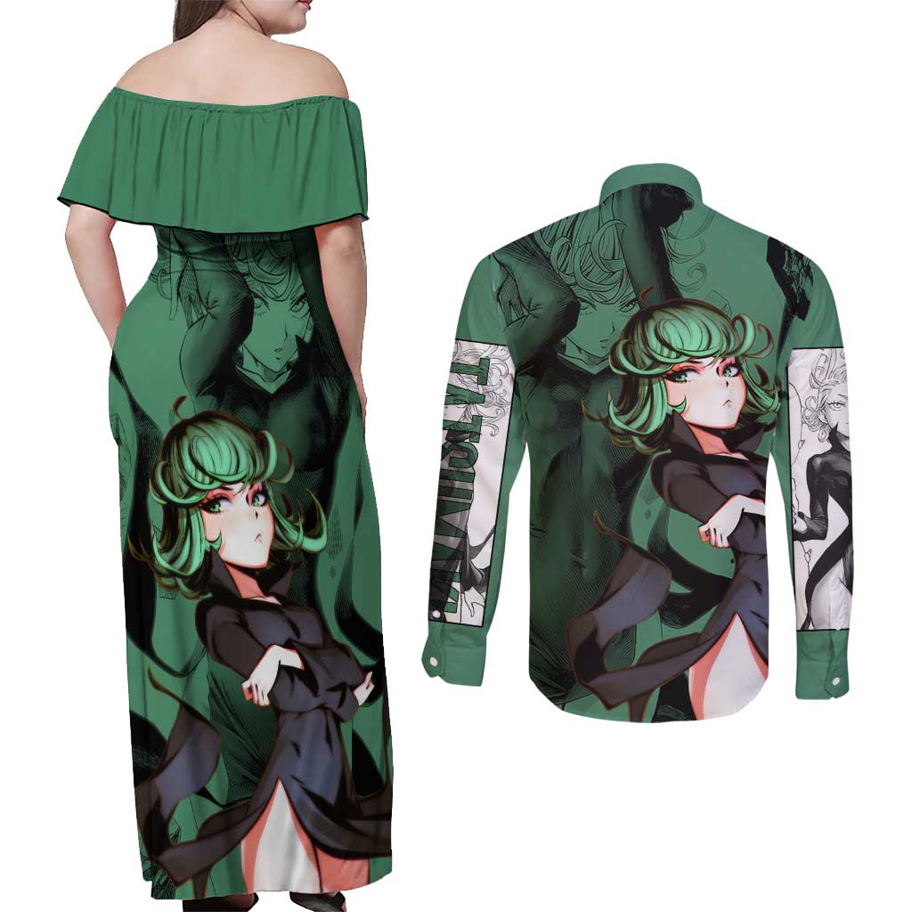 Tatsumaki - One Punch Man Couples Matching Off Shoulder Maxi Dress and Long Sleeve Button Shirt Anime Style
