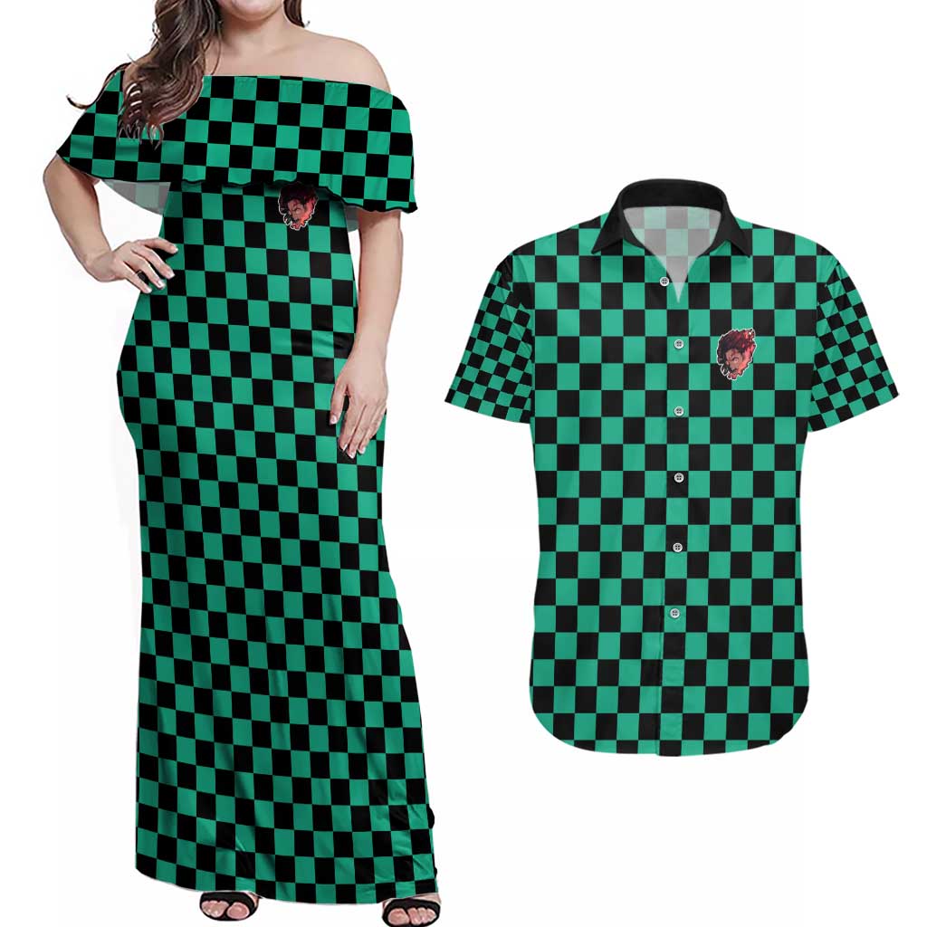 Tanjiro Sun Breathing - Demon Slayer Couples Matching Off Shoulder Maxi Dress and Hawaiian Shirt Anime Style