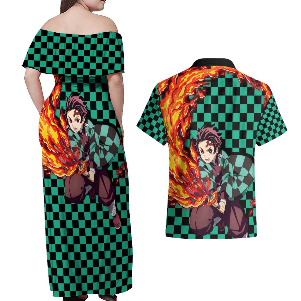 Tanjiro Sun Breathing - Demon Slayer Couples Matching Off Shoulder Maxi Dress and Hawaiian Shirt Anime Style