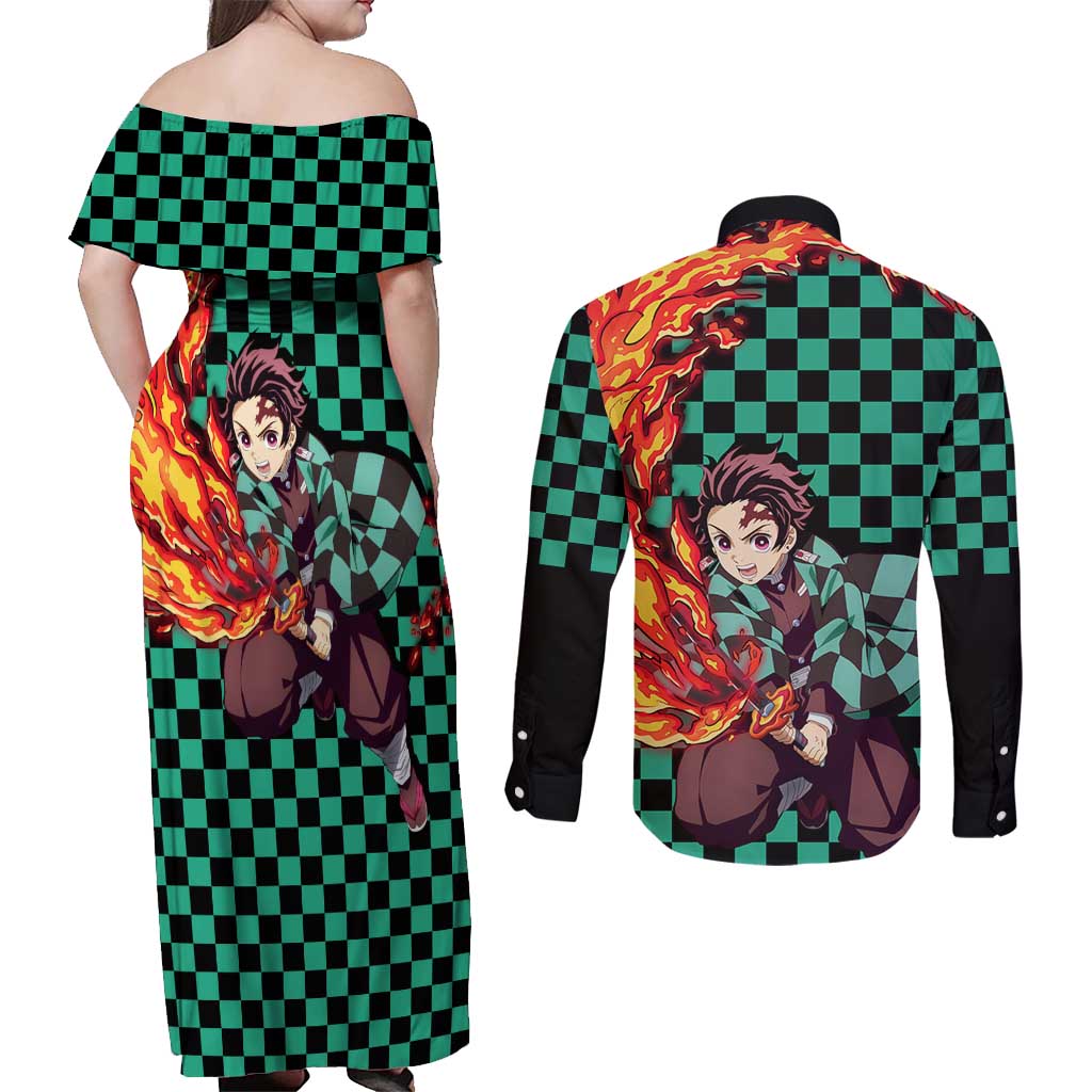 Tanjiro Sun Breathing - Demon Slayer Couples Matching Off Shoulder Maxi Dress and Long Sleeve Button Shirt Anime Style