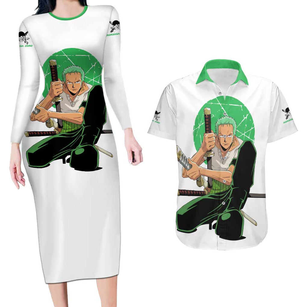 Roronoa Zoro - Straw Hat - One Piece Couples Matching Long Sleeve Bodycon Dress and Hawaiian Shirt Anime Style