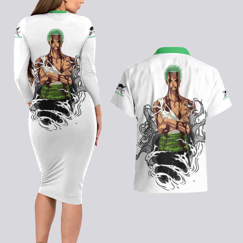 Roronoa Zoro - Straw Hat - One Piece Couples Matching Long Sleeve Bodycon Dress and Hawaiian Shirt Anime Style