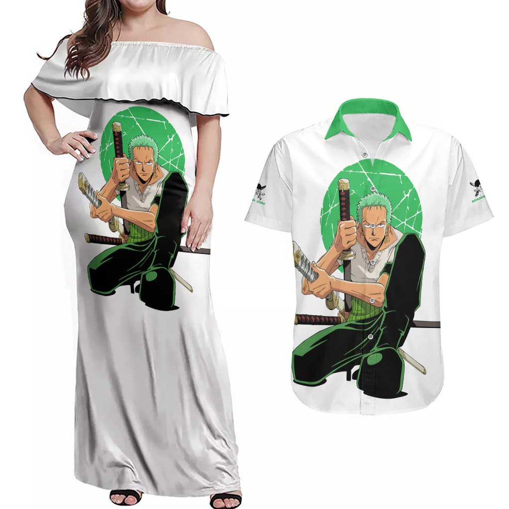 Roronoa Zoro - Straw Hat - One Piece Couples Matching Off Shoulder Maxi Dress and Hawaiian Shirt Anime Style