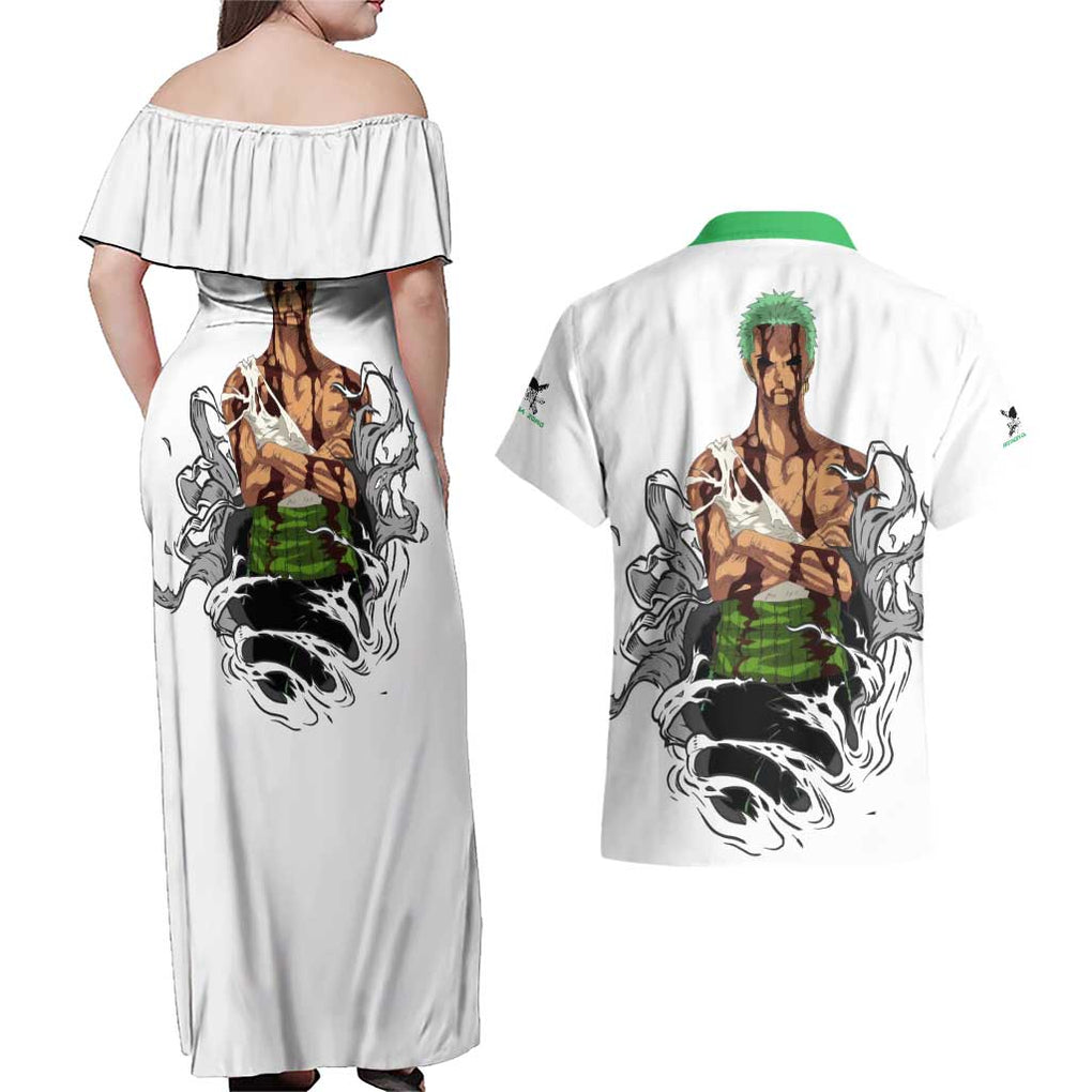 Roronoa Zoro - Straw Hat - One Piece Couples Matching Off Shoulder Maxi Dress and Hawaiian Shirt Anime Style
