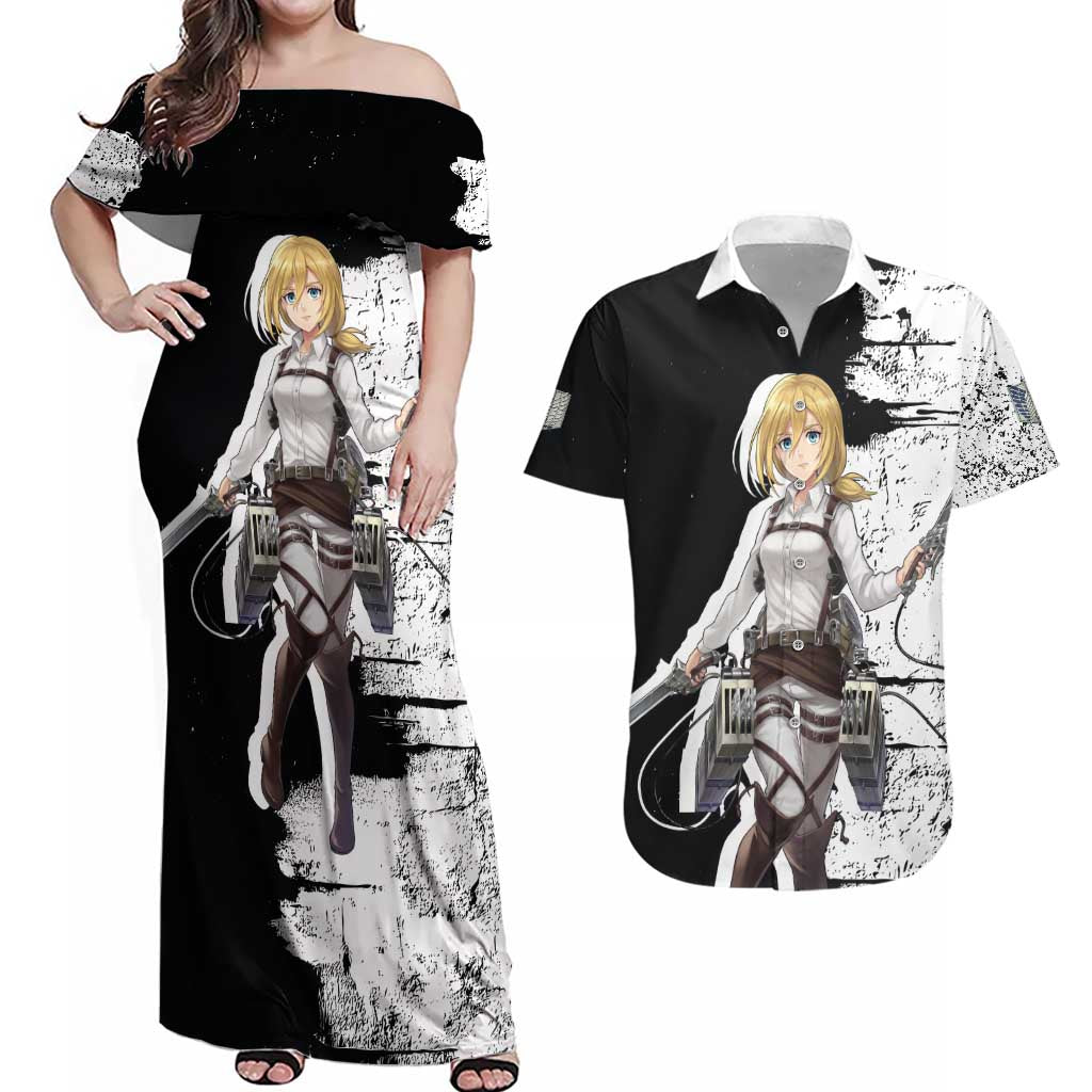 Historia Reiss - Attack On Titan Couples Matching Off Shoulder Maxi Dress and Hawaiian Shirt Anime Style