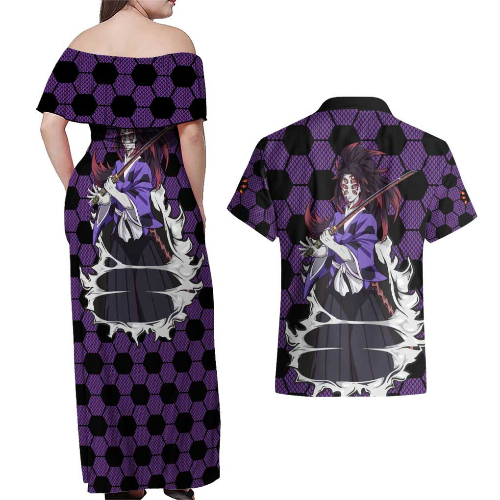 Kokushibo Mix Uniform - Demon Slayer Couples Matching Off Shoulder Maxi Dress and Hawaiian Shirt Anime Style