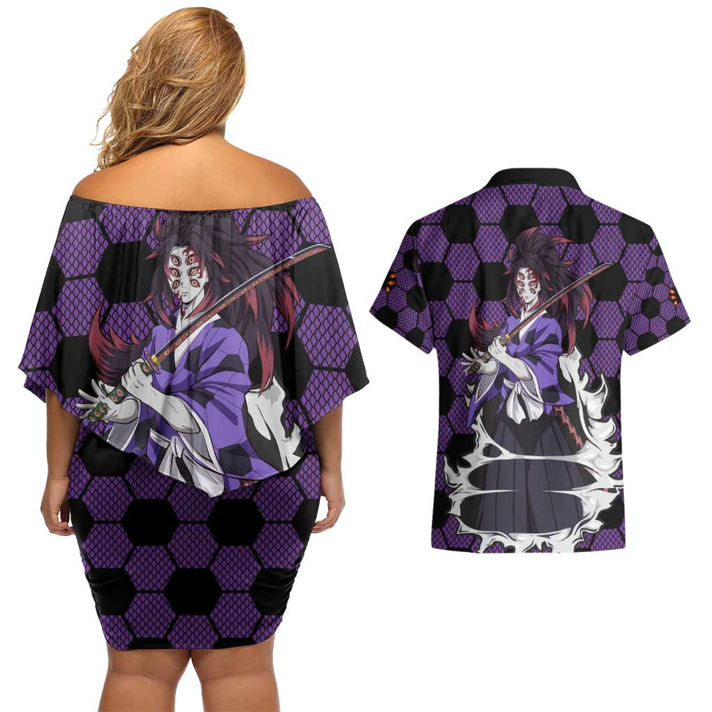 Kokushibo Mix Uniform - Demon Slayer Couples Matching Off Shoulder Short Dress and Hawaiian Shirt Anime Style