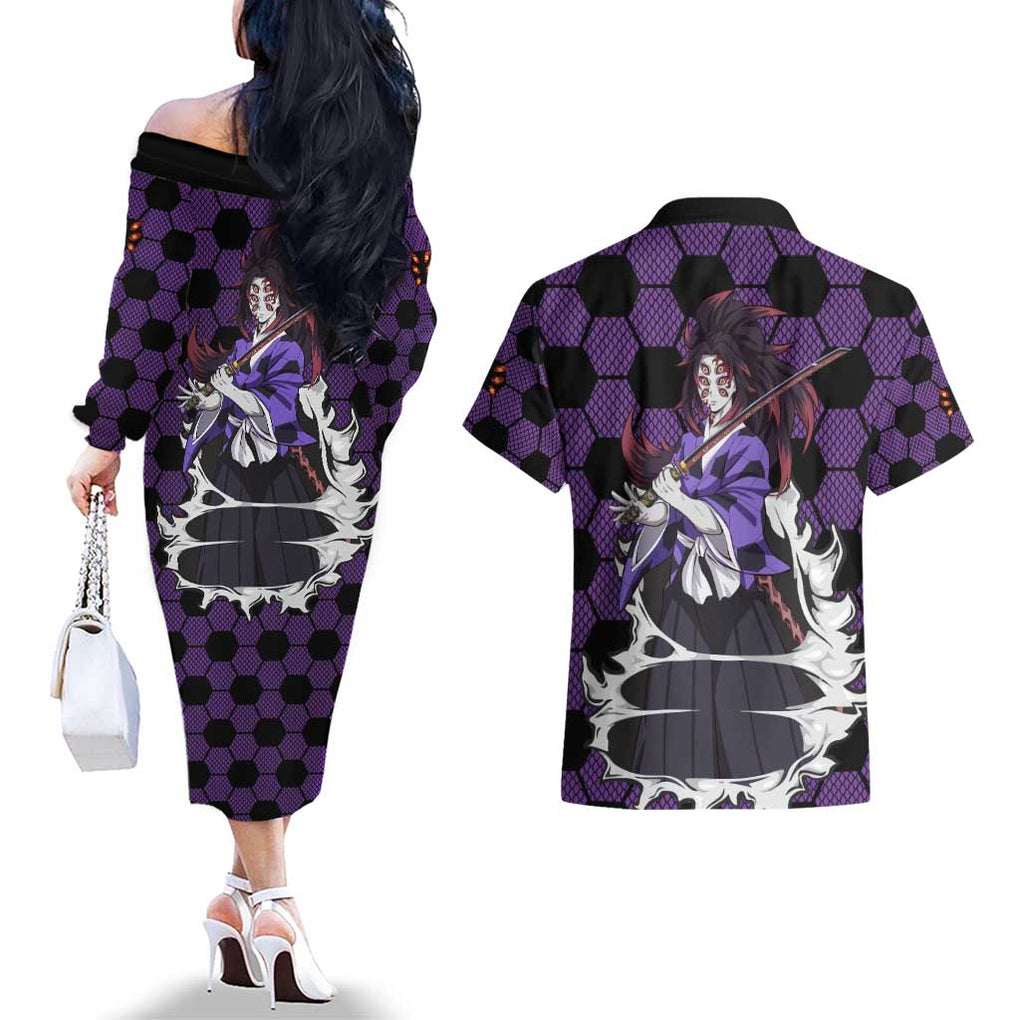 Kokushibo Mix Uniform - Demon Slayer Couples Matching Off The Shoulder Long Sleeve Dress and Hawaiian Shirt Anime Style