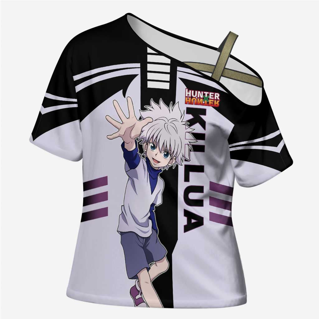 Killua Zoldyck from Hunter x Hunter Cross Shoulder Shirt with Lightning Aura and Agile Combat Pose Design - The Mazicc