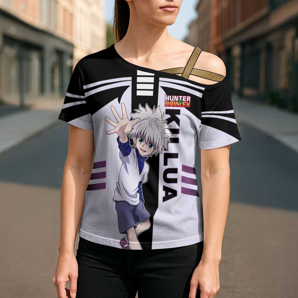 Killua Zoldyck from Hunter x Hunter Cross Shoulder Shirt with Lightning Aura and Agile Combat Pose Design - The Mazicc