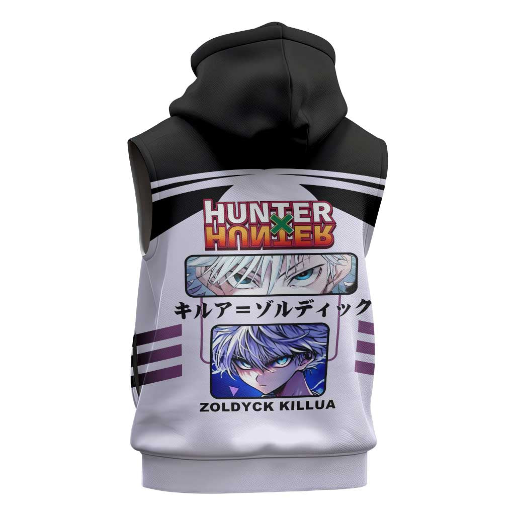 Killua Zoldyck from Hunter x Hunter Sleeveless Hoodie with Lightning Aura and Agile Combat Pose Design - The Mazicc