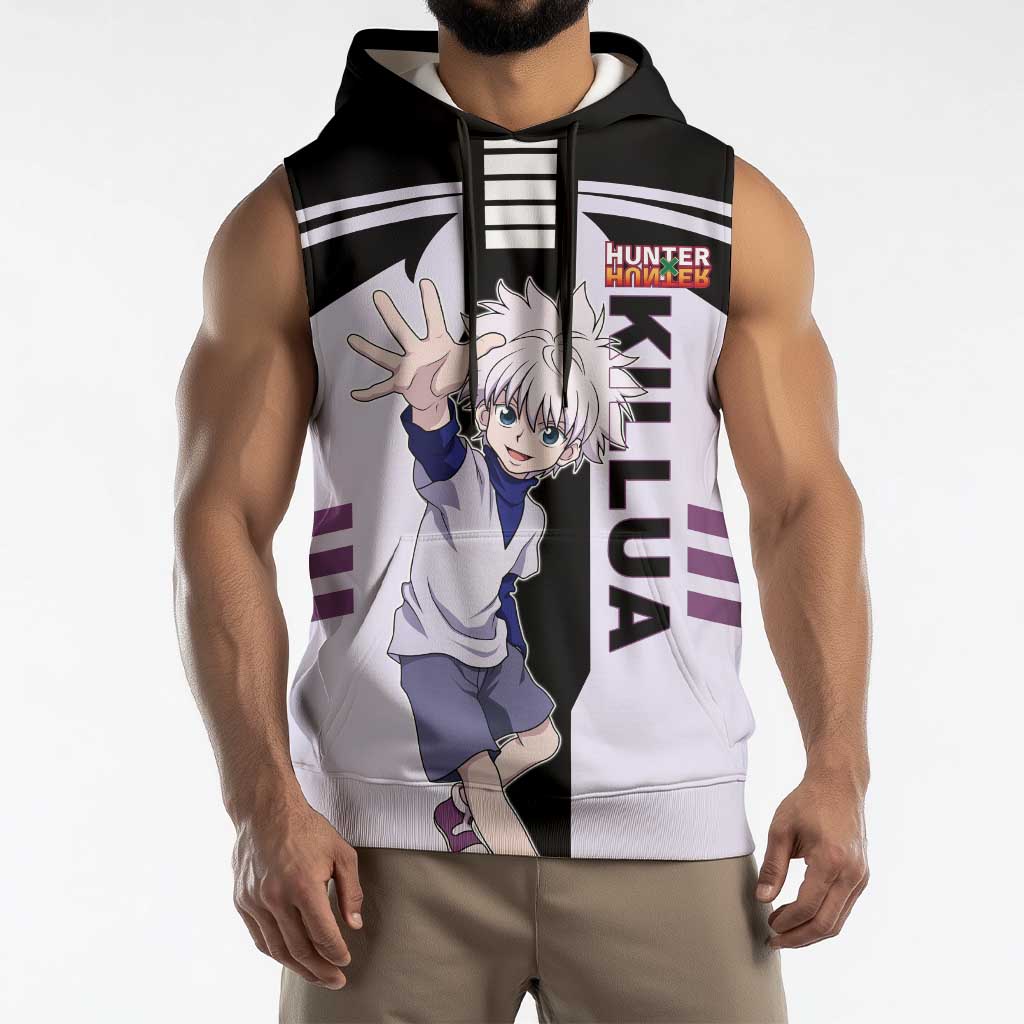 Killua Zoldyck from Hunter x Hunter Sleeveless Hoodie with Lightning Aura and Agile Combat Pose Design - The Mazicc