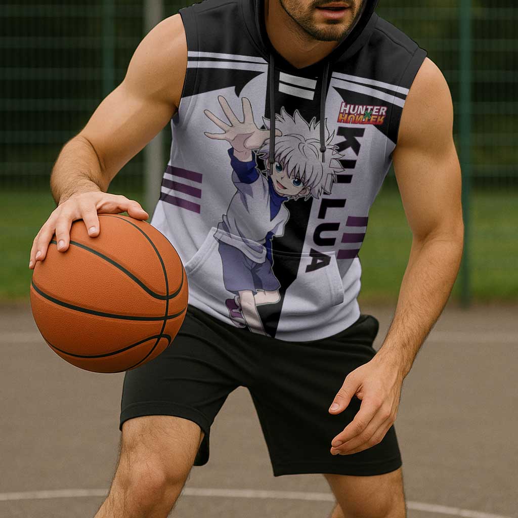Killua Zoldyck from Hunter x Hunter Sleeveless Hoodie with Lightning Aura and Agile Combat Pose Design - The Mazicc