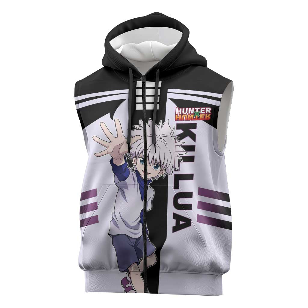 Killua Zoldyck from Hunter x Hunter Sleeveless Zip Hoodie with Lightning Aura and Agile Combat Pose Design - The Mazicc