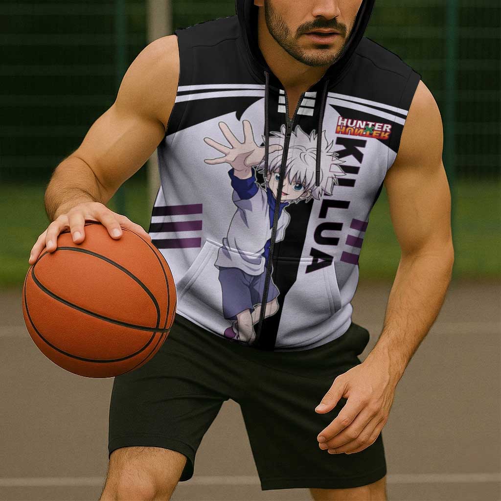 Killua Zoldyck from Hunter x Hunter Sleeveless Zip Hoodie with Lightning Aura and Agile Combat Pose Design - The Mazicc