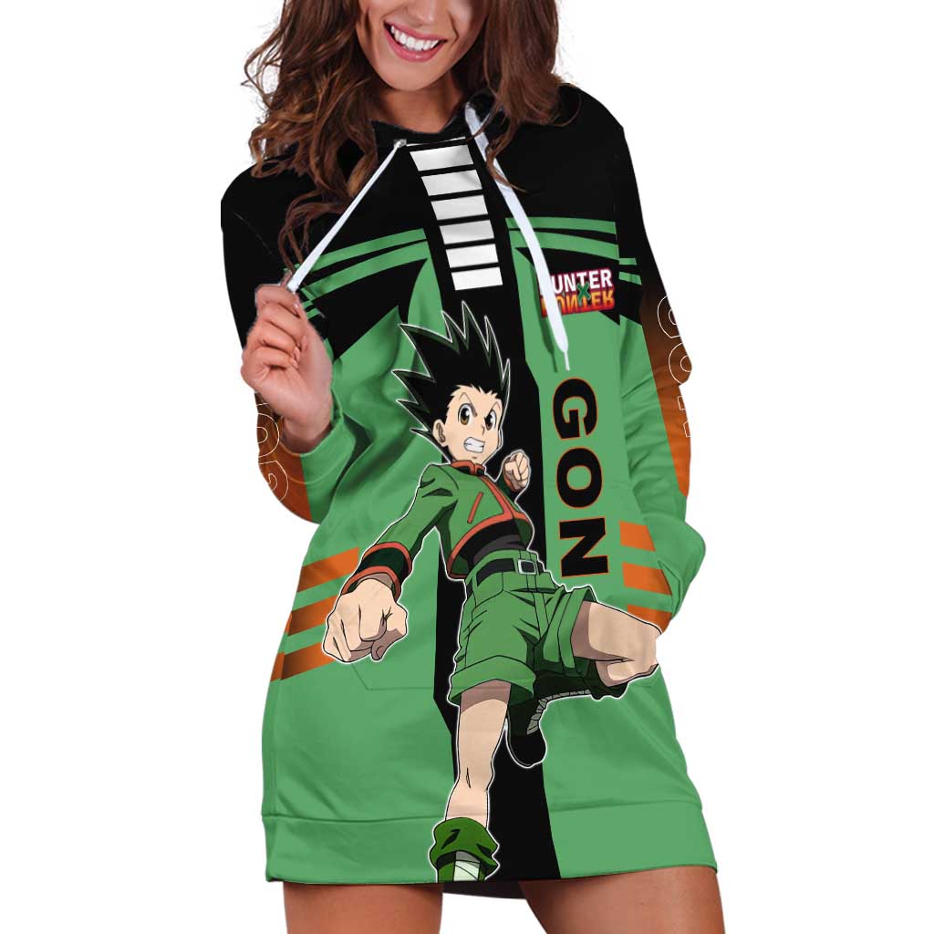 Gon Freecss from Hunter x Hunter Hoodie Dress with Green Outfit and Energetic Combat Pose Design - The Mazicc