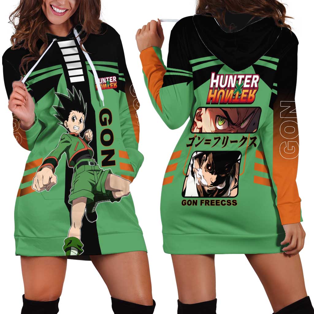 Gon Freecss from Hunter x Hunter Hoodie Dress with Green Outfit and Energetic Combat Pose Design - The Mazicc