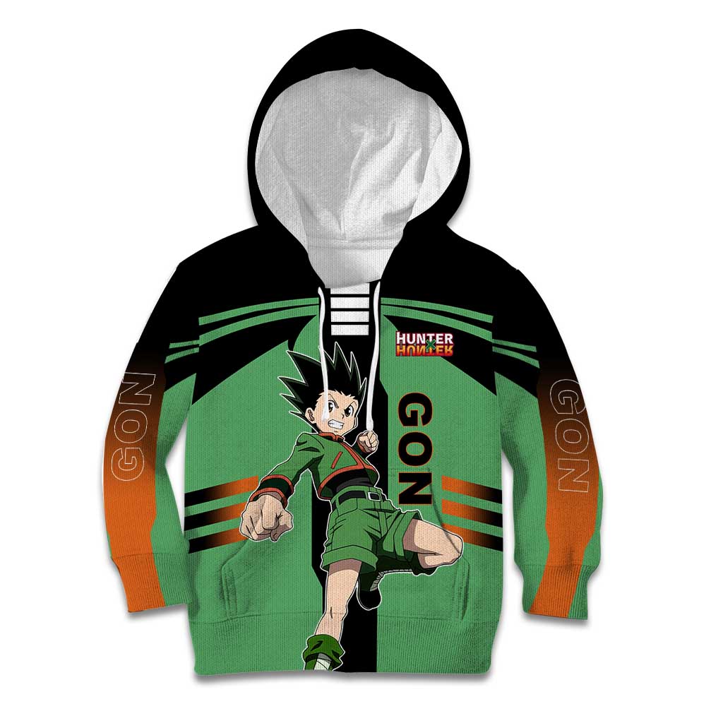 Gon Freecss from Hunter x Hunter Kid Hoodie with Green Outfit and Energetic Combat Pose Design - The Mazicc