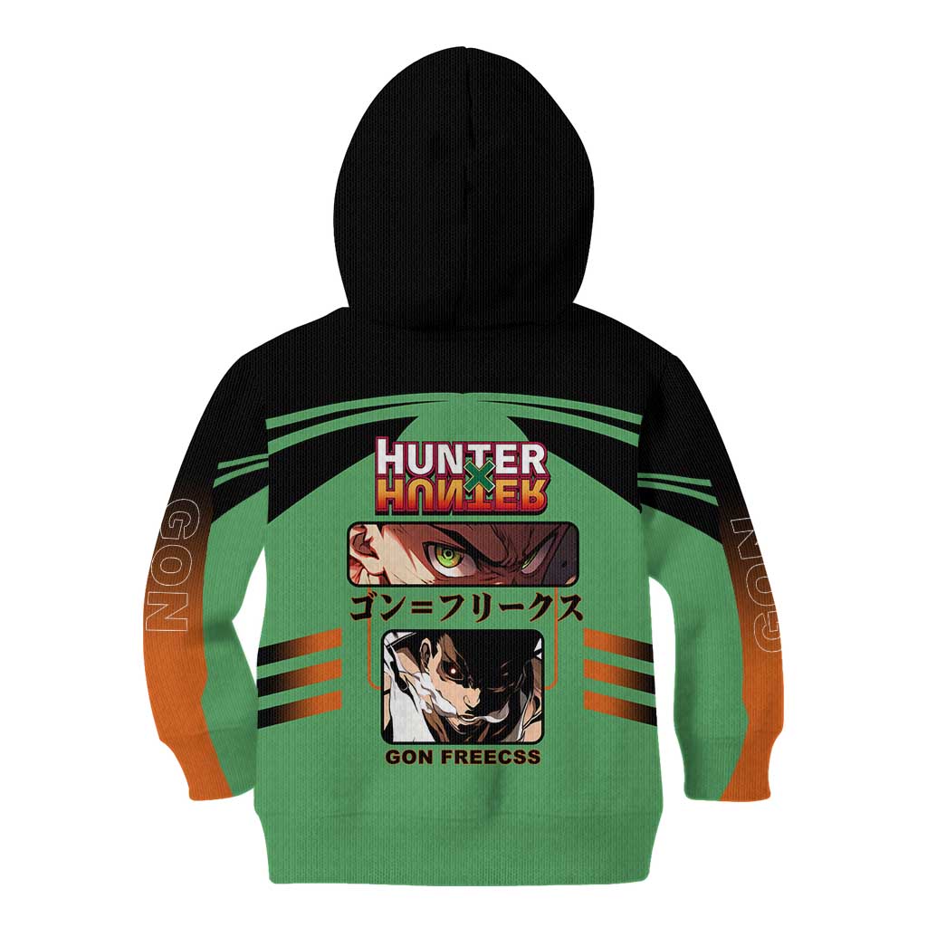 Gon Freecss from Hunter x Hunter Kid Hoodie with Green Outfit and Energetic Combat Pose Design - The Mazicc