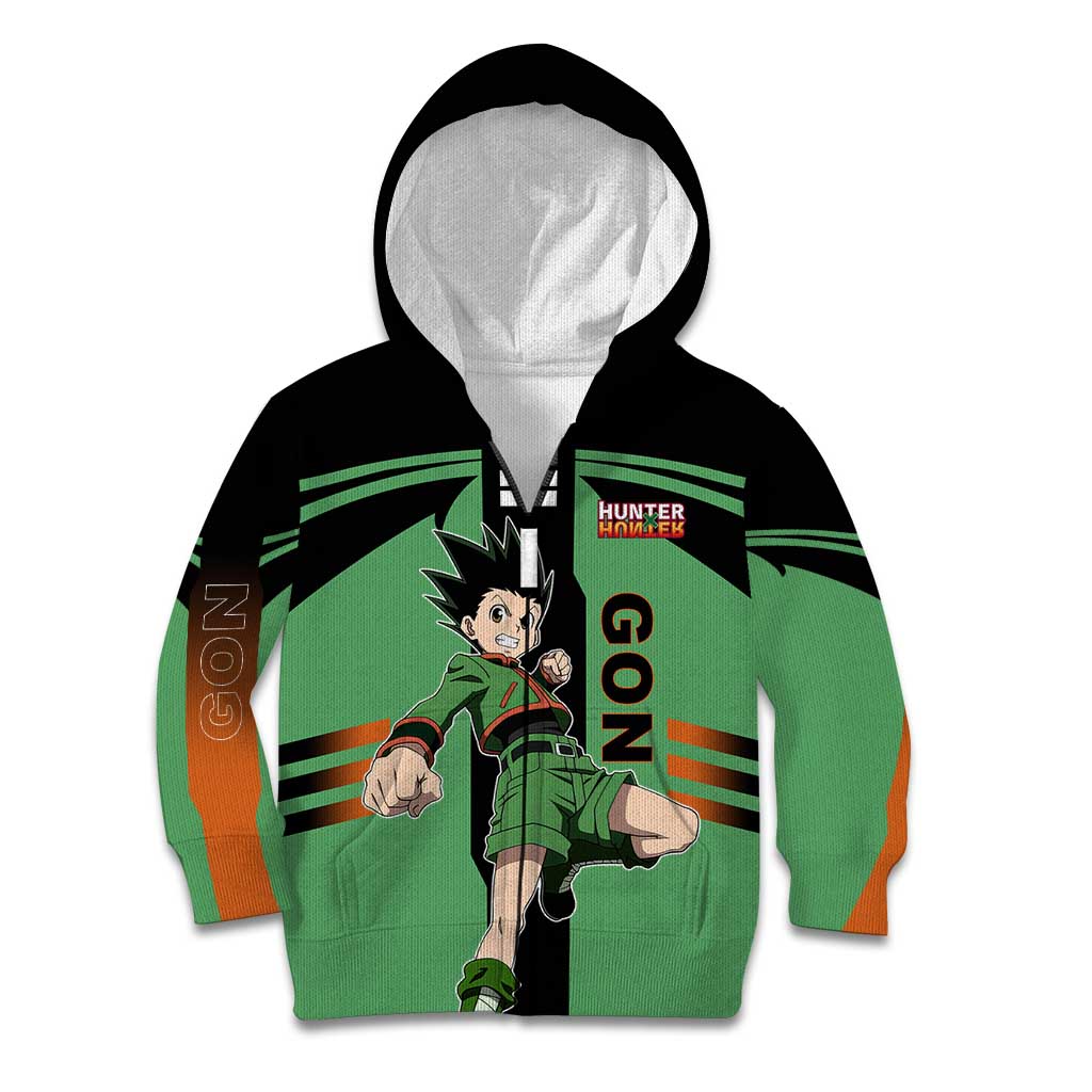 Gon Freecss from Hunter x Hunter Kid Hoodie with Green Outfit and Energetic Combat Pose Design - The Mazicc