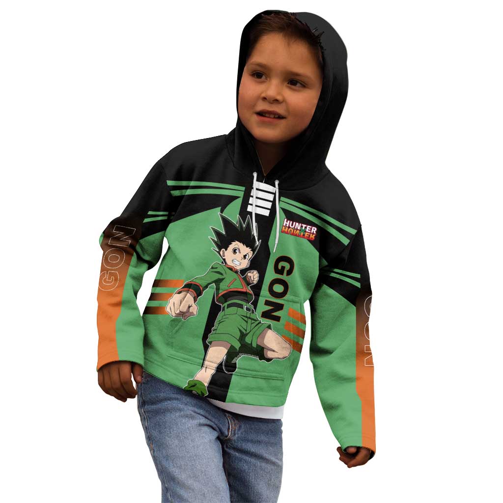 Gon Freecss from Hunter x Hunter Kid Hoodie with Green Outfit and Energetic Combat Pose Design - The Mazicc