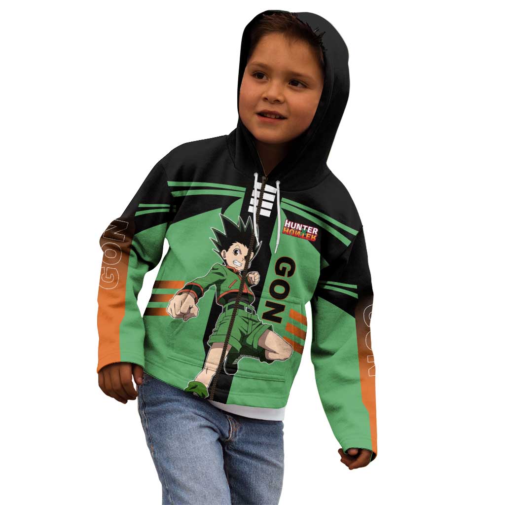 Gon Freecss from Hunter x Hunter Kid Hoodie with Green Outfit and Energetic Combat Pose Design - The Mazicc
