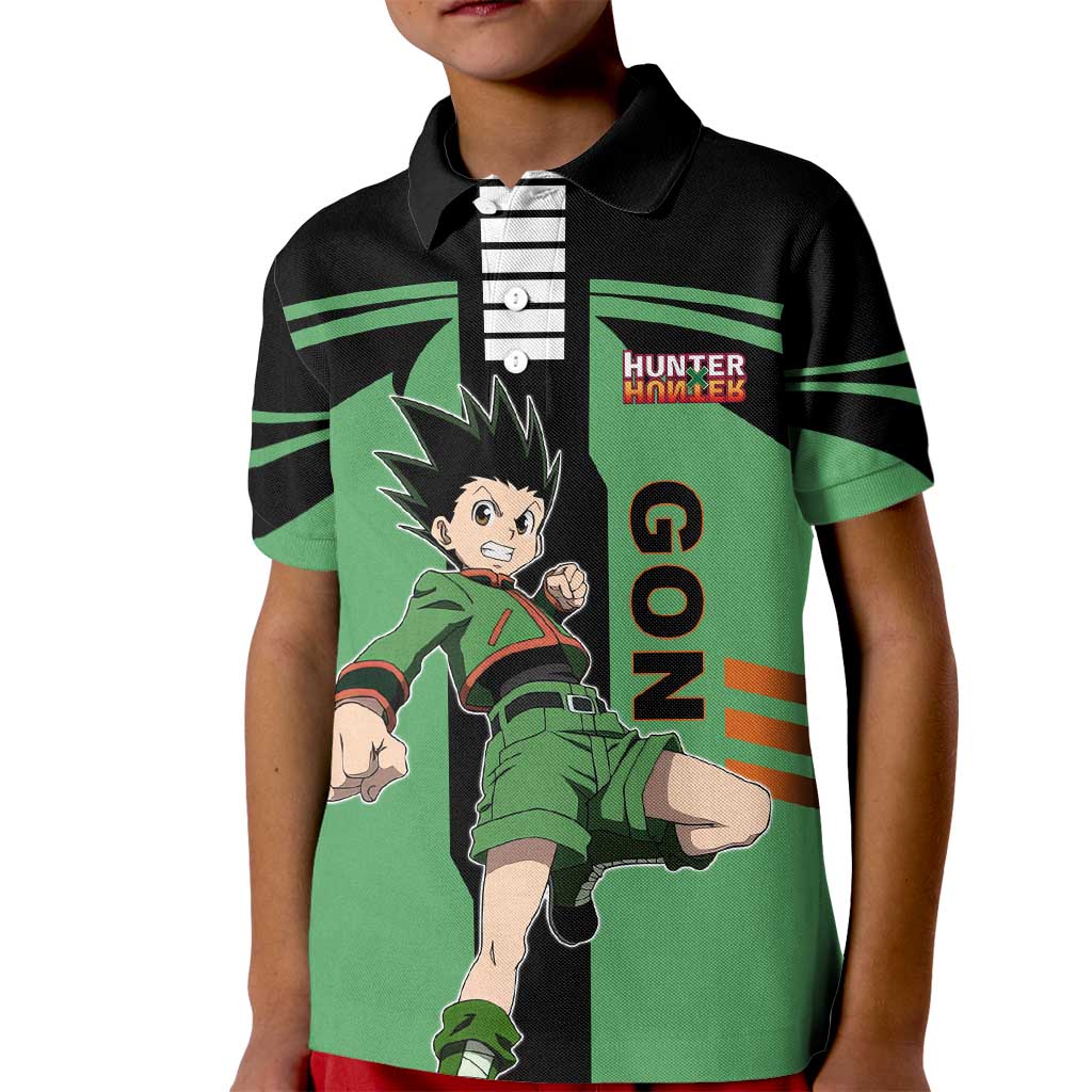 Gon Freecss from Hunter x Hunter Kid Polo Shirt with Green Outfit and Energetic Combat Pose Design - The Mazicc