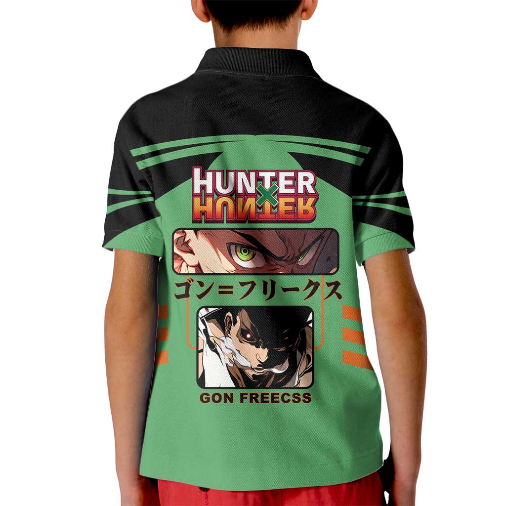 Gon Freecss from Hunter x Hunter Kid Polo Shirt with Green Outfit and Energetic Combat Pose Design - The Mazicc