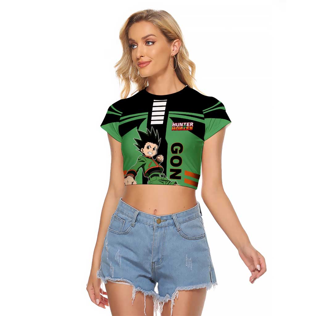 Gon Freecss from Hunter x Hunter Raglan Cropped T Shirt with Green Outfit and Energetic Combat Pose Design - The Mazicc