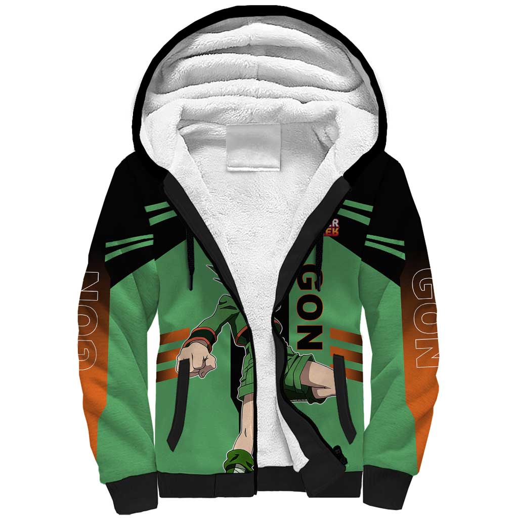 Gon Freecss from Hunter x Hunter Sherpa Hoodie with Green Outfit and Energetic Combat Pose Design - The Mazicc