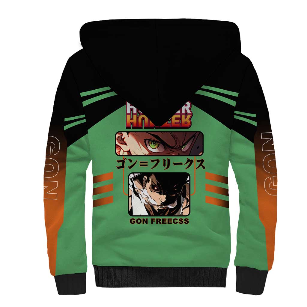 Gon Freecss from Hunter x Hunter Sherpa Hoodie with Green Outfit and Energetic Combat Pose Design - The Mazicc