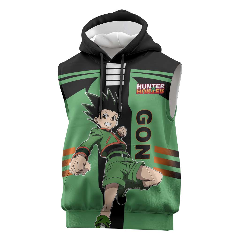 Gon Freecss from Hunter x Hunter Sleeveless Hoodie with Green Outfit and Energetic Combat Pose Design - The Mazicc