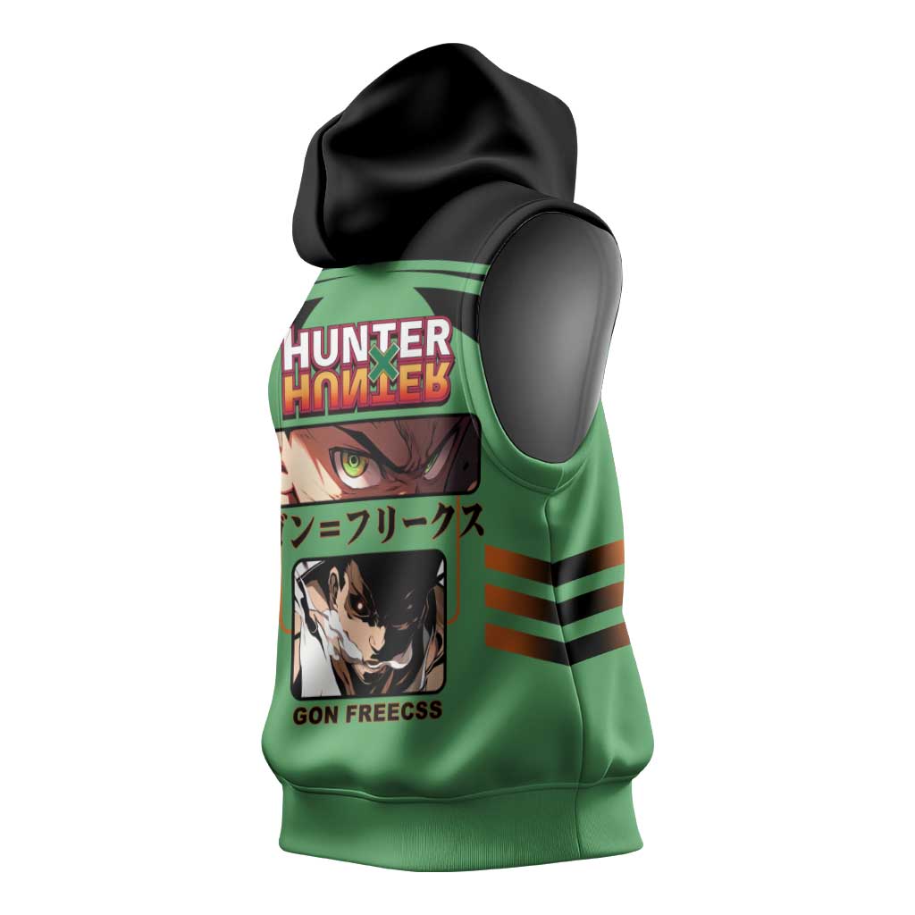 Gon Freecss from Hunter x Hunter Sleeveless Hoodie with Green Outfit and Energetic Combat Pose Design - The Mazicc