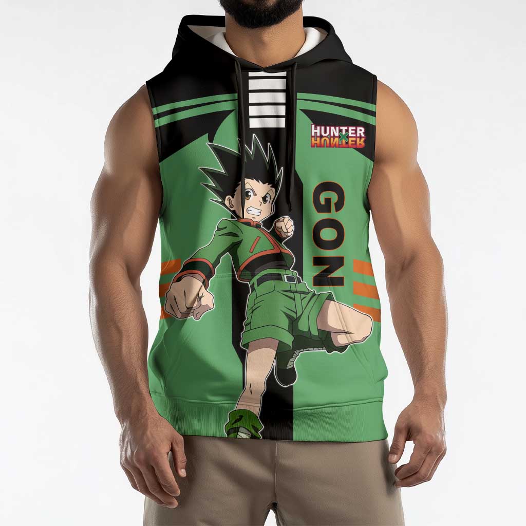 Gon Freecss from Hunter x Hunter Sleeveless Hoodie with Green Outfit and Energetic Combat Pose Design - The Mazicc