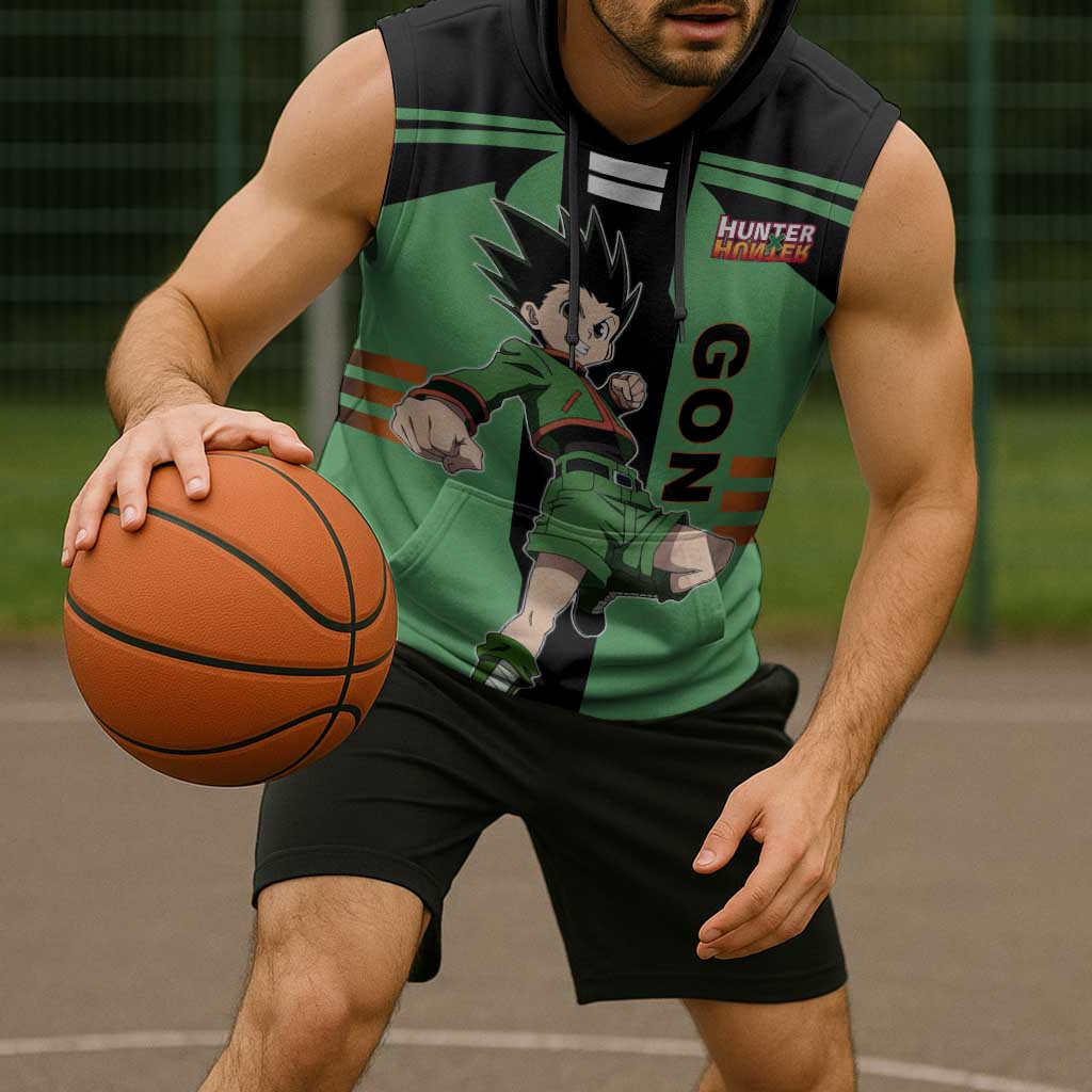 Gon Freecss from Hunter x Hunter Sleeveless Hoodie with Green Outfit and Energetic Combat Pose Design - The Mazicc