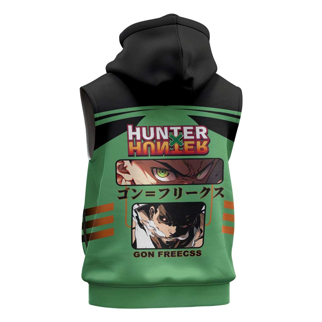 Gon Freecss from Hunter x Hunter Sleeveless Zip Hoodie with Green Outfit and Energetic Combat Pose Design - The Mazicc