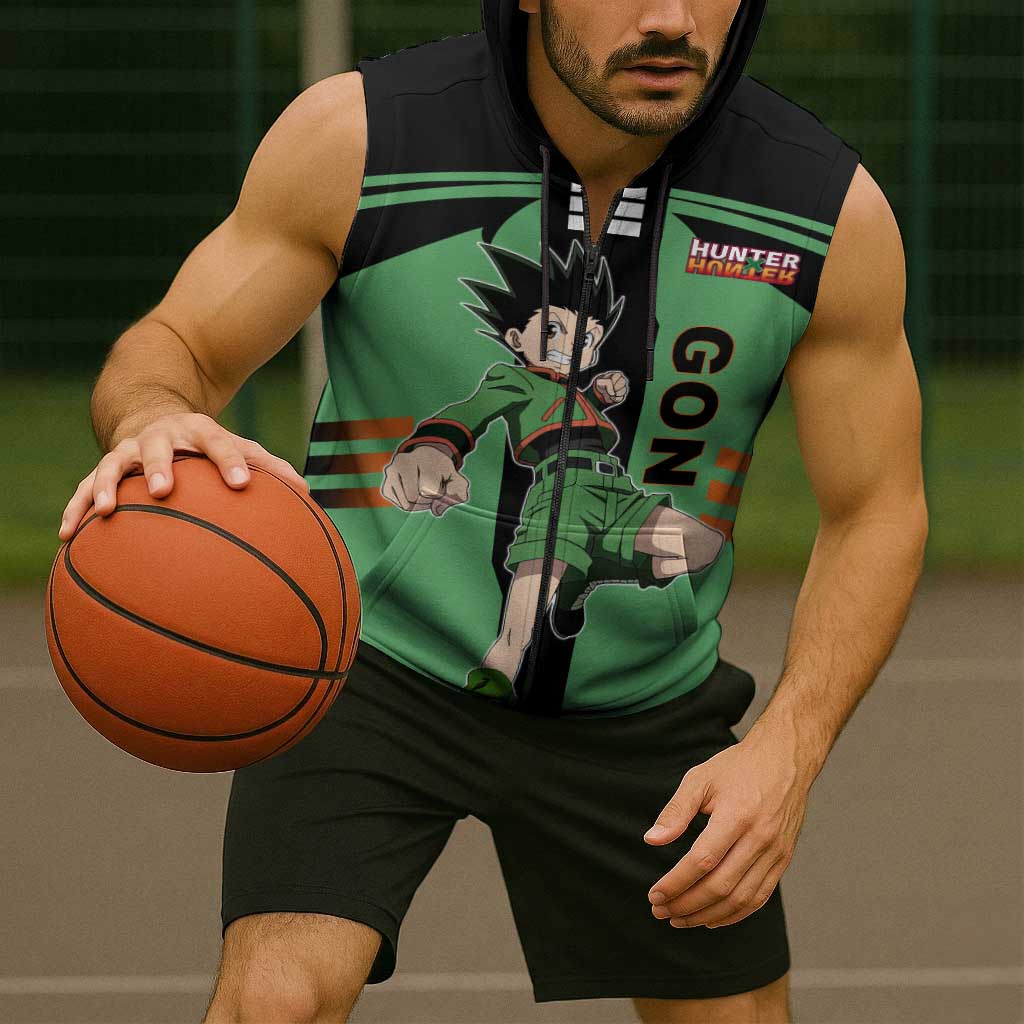 Gon Freecss from Hunter x Hunter Sleeveless Zip Hoodie with Green Outfit and Energetic Combat Pose Design - The Mazicc