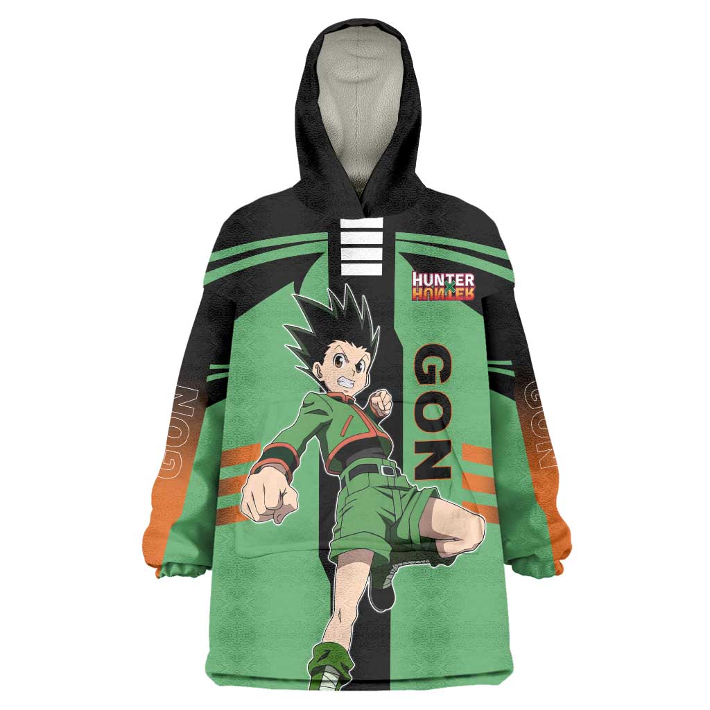 Gon Freecss from Hunter x Hunter Wearable Blanket Hoodie with Green Outfit and Energetic Combat Pose Design - The Mazicc