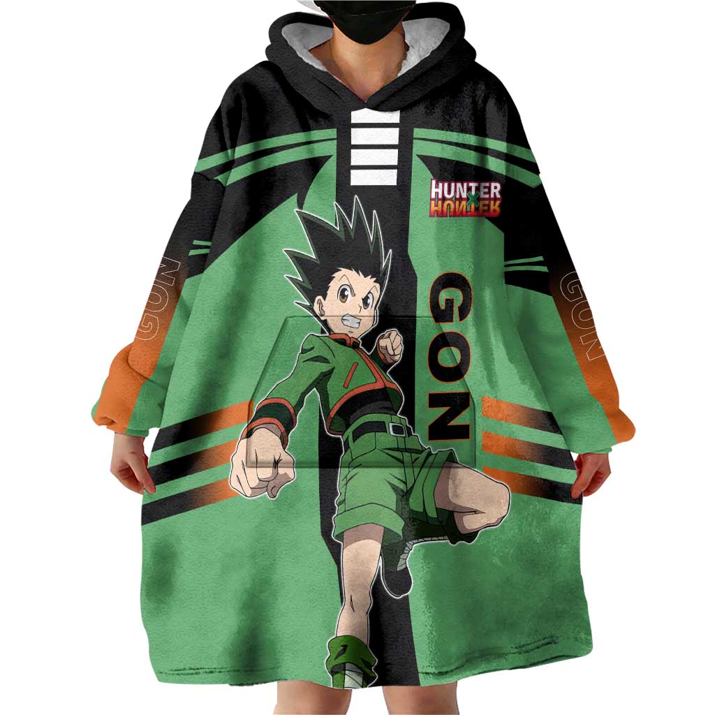 Gon Freecss from Hunter x Hunter Wearable Blanket Hoodie with Green Outfit and Energetic Combat Pose Design - The Mazicc