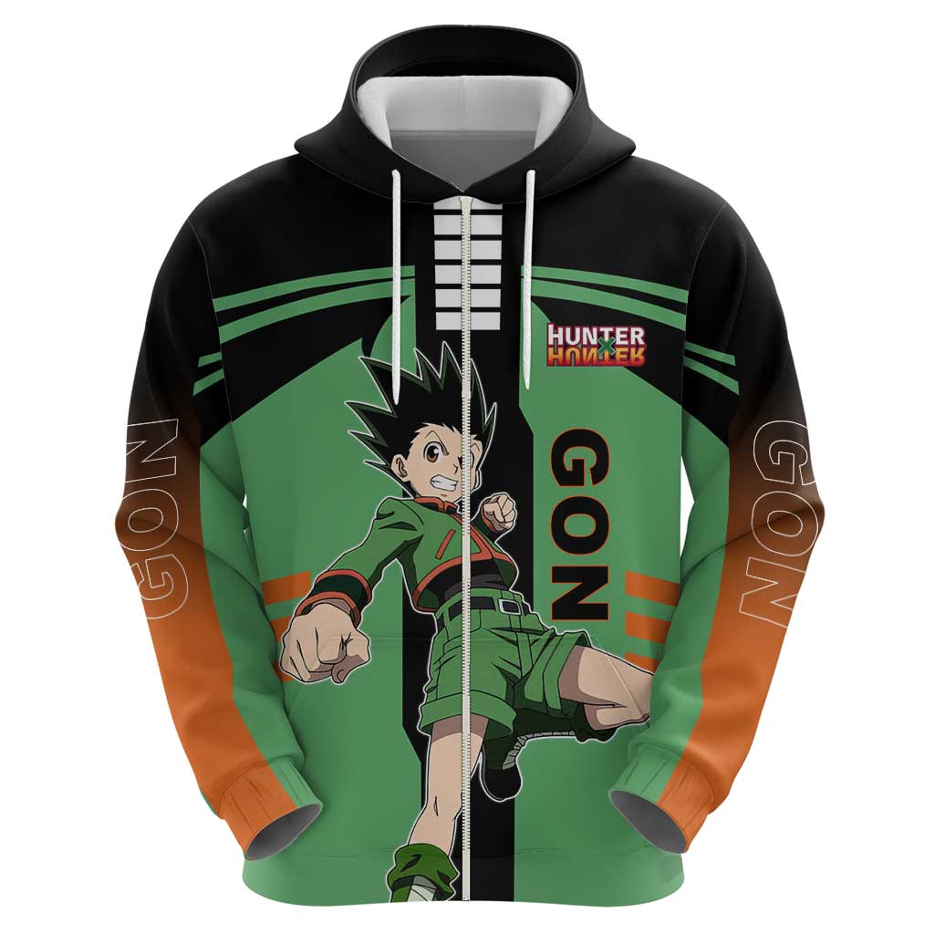 Gon Freecss from Hunter x Hunter Zip Hoodie with Green Outfit and Energetic Combat Pose Design - The Mazicc