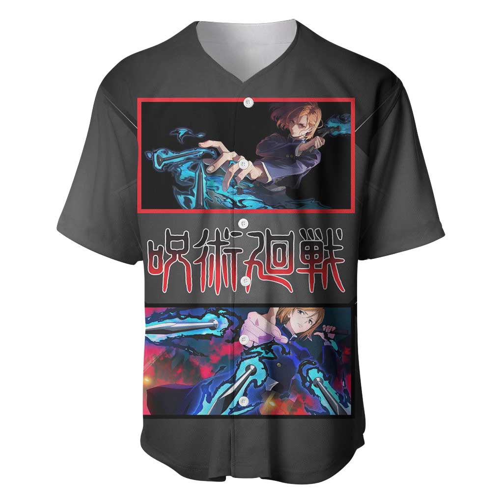 Nobara Kugisaki Jujutsu Kaisen Baseball Jersey with Black Red Design and Cursed Energy Battle Pose Graphic - The Mazicc