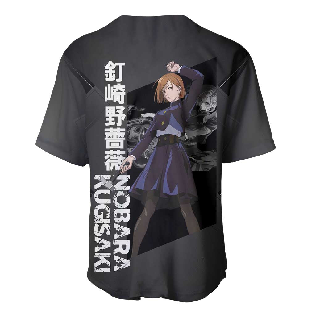 Nobara Kugisaki Jujutsu Kaisen Baseball Jersey with Black Red Design and Cursed Energy Battle Pose Graphic - The Mazicc