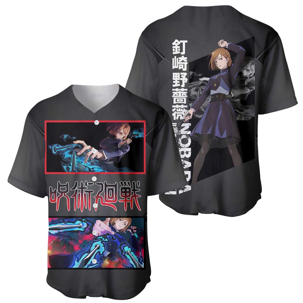 Nobara Kugisaki Jujutsu Kaisen Baseball Jersey with Black Red Design and Cursed Energy Battle Pose Graphic - The Mazicc